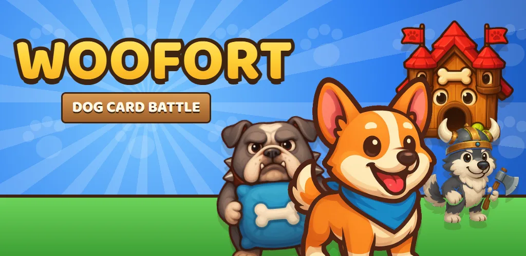 Biscuit the Corgi, Bruno the Bulldog and a husky warrior in front of a doghouse fortress
